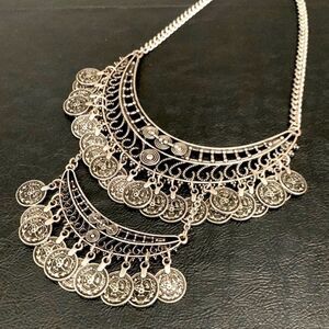 Boho Babes Two-Tier Silver Coin Tribal Bib Statement Necklace